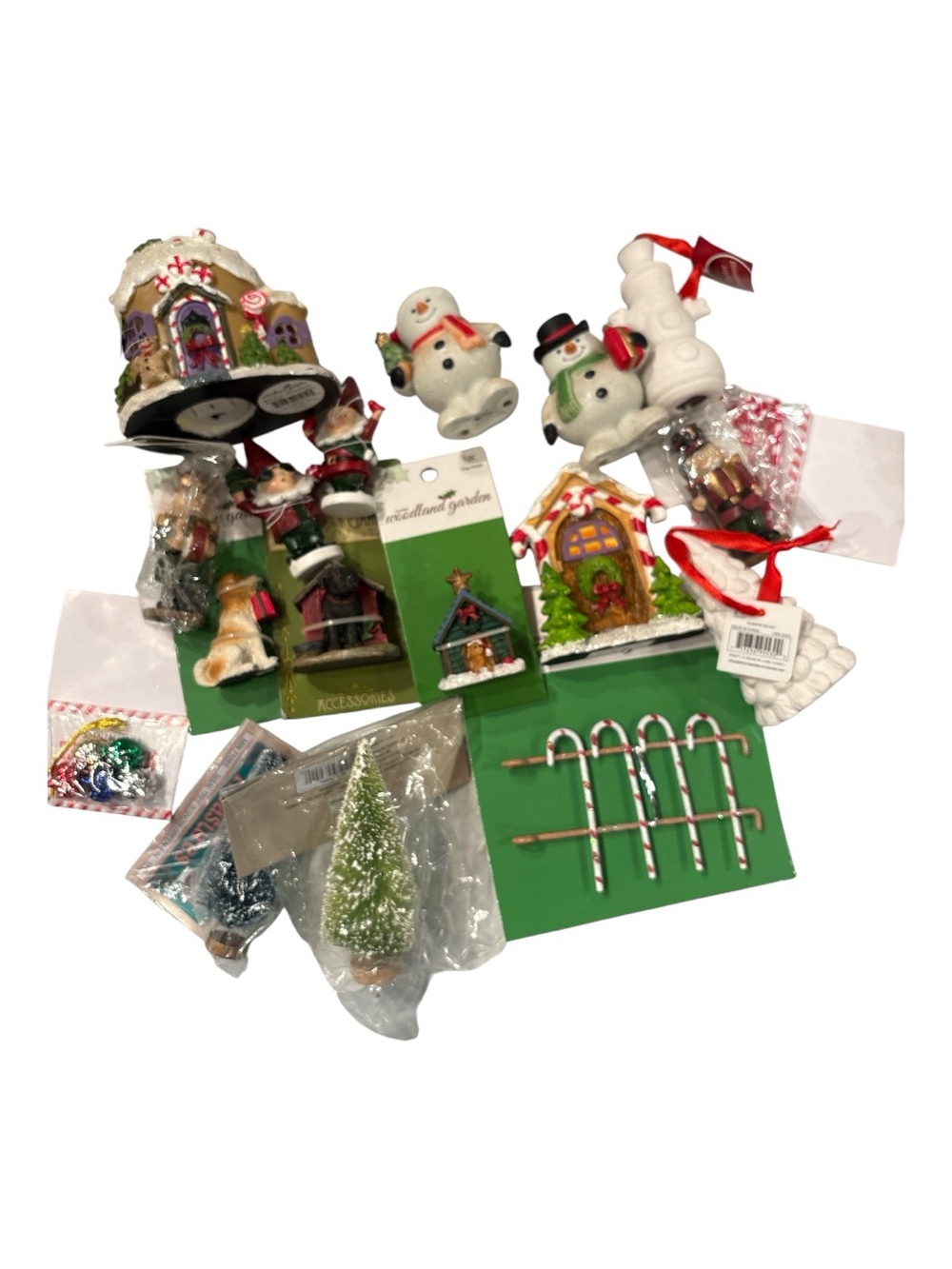 Holiday Assorted Christmas miniatures with a house, tree, dogs & snowmen set 16